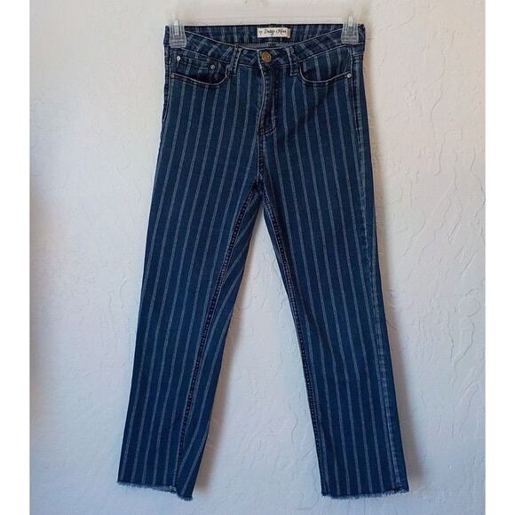 Indigo Rein Blue Striped Jeans Women size 9 Stretch Demin Zip Amended Hem 29x25 - Picture 1 of 9